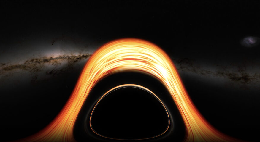 curving bright rings in space with a galactic band in the background